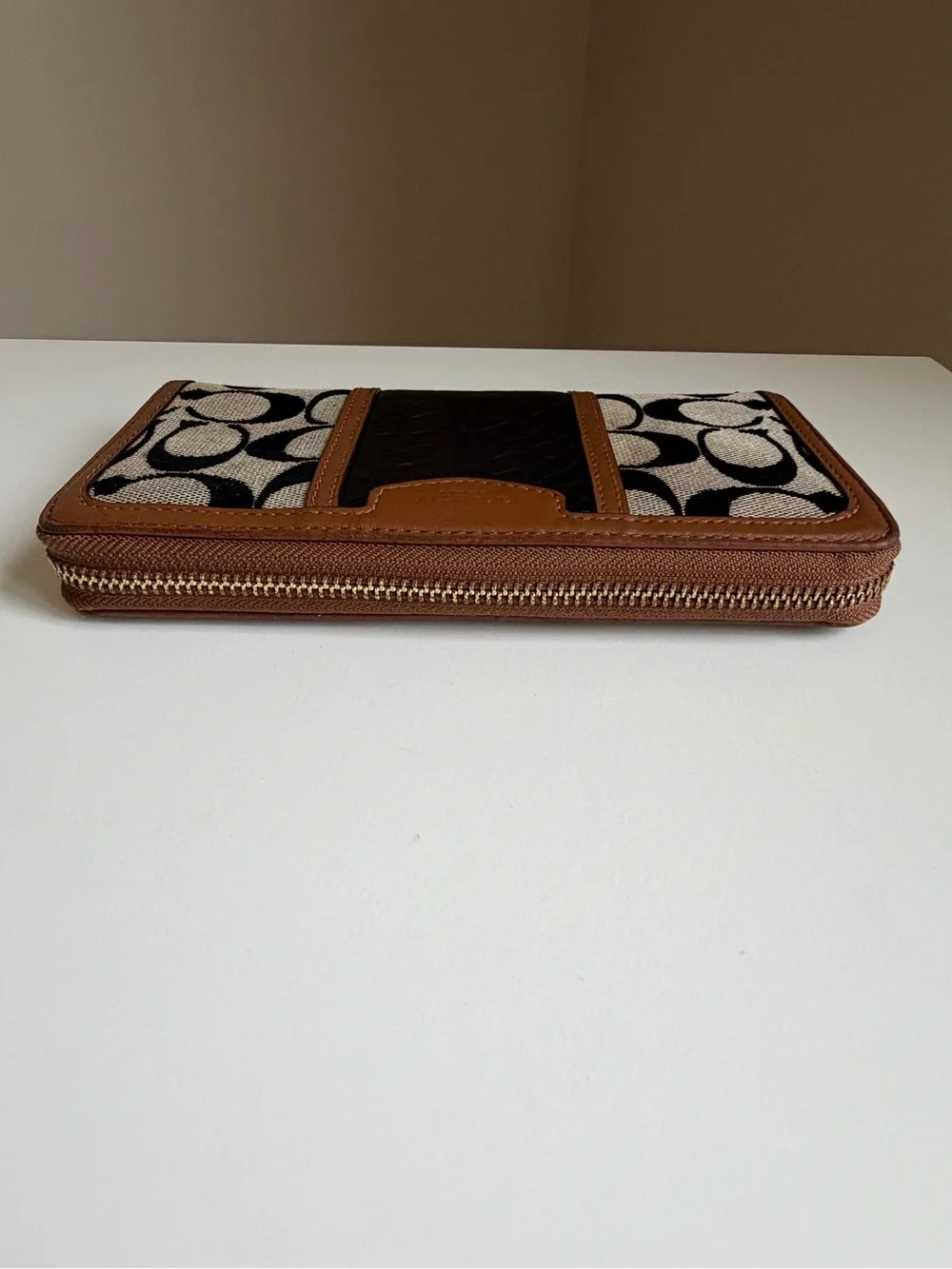 Coach Signature Canvas and Leather Zip Wallet in Brown/Black